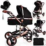 Baby Pram Pushchair Buggy with Car Seat Lightweight Stroller Folding Strollers 3 in1 Travel System Baby Trolley Baby Pram for Newborns Toddlers 0-36 Months from Birtn (Black - Rose Gold Frame)