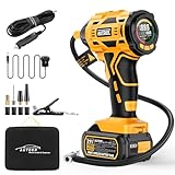 AUTDER Tyre Inflator Cordless Air Compressor, 21V Battery and 12V DC Cable Inflatable 180PSI Max Powered Portable Pump with Digital Pressure Gauge for Cars Motorcycles Bicycles Balls, Yellow