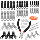 85 Pieces Zipper Repair Kit Zipper Slider Replacement Metal Pull Tabs Zip Fixer Parts with Zipper Pliers for Repair Jeans Coats Jacket Zipper, Silver Black