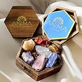 Anima Premium Healing Crystals Gift – Large Raw 7 Chakra Set with Rose Quartz and Amethyst Crystal and Gemstones in Wooden Box – Spiritual Gifts for Women for Meditation, Protection with Guide Booklet