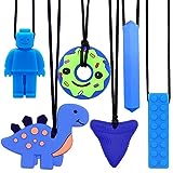 6 PCS Sensory Chew Necklace, Teether Chew Toys Safety Food Grade Silicone for Kids Toddlers ADHD, Autistic, Biting Needs, Oral Motor Teether Chew Pendant Toy with Adjustable Buckle for Baby Boys(Blue)