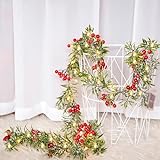 Christmas Garland String Lights, Garland Decorations Christmas 1.8M Long with Red Berries Green Leaves 40 LED Lights for Christmas Tree Decorations Christmas Decorations Indoor