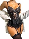 GORGLITTER Women's Floral Lace Lingerie Sets 3 Piece Carter Sexy Cut Out Sleeveless Bodysuit and Tights Set Black XL