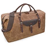 Mens Travel Holdall Duffle Bag Leather Weekend Overnight Bag Waterproof Large Canvas Holdall Camping Bag (Brown)