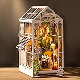 ROBOTIME Book Nook Kit Gardenhouse with LED Lights, DIY Miniature Dolls House Kit 3D Wooden Puzzle Bookend Booknook Book Shelf Decoration Gift