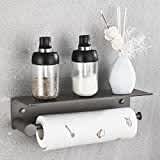 HANFU Kitchen Roll Holder Wall Mounted, Kitchen Paper Towel Rack Self Adhesive No Drilling, Aluminum Kitchen Roll Holders with Spacious Storage Shelf for Kitchen Bathroom, 34cm/13.4in, Gray