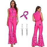 AYYOHON Cowgirl Costume 70s 80s Hippie Disco Outfits Pink Vest Top Flare Pant Halloween Margot Robbie Cosplay for Women M