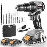 DYJPOW Cordless Drill Driver 21V, Brushless Cordless Hammer Drill with 2 Batteries 2000mAh, 20+3 Torque, 45N.m Max Electric Drill, 14PCS Drill Bits, 2 Speed, LED Light for Home, Garden DIY Project