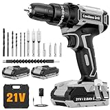 DYJPOW Cordless Drill Driver 21V, Cordless Hammer Drill with 2 Batteries 2000mAh, 25+3 Torque, 42N.m Max Electric Drill, 14PCS Drill Bits, 2 Speed, LED Light for Home and Garden DIY Project, Grey