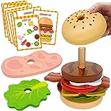 Purphy Montessori Wooden Toys 1 2 3 Year Old Boys Girls, Hamburger Wooden Food Toys Sorting, Stacking Plugging Toys Preschool Toddler Learning Educational Toys for Boys Girls Birthday Gifts