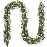 Valery Madelyn 9ft/275cm Christmas Garland with Lights, Pre Lit Norfolk Pine Garland with 30 LED Lights, Xmas Faux Cedar Garland Real Touch Decorations for Stairs Fireplace Outdoor