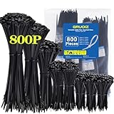 800 Pack Cable Ties Assorted Sizes 3.6mm x 100/150/200/250/300mm Black Cable Ties Heavy Duty Tie Wraps Assorted Plastic Zip Ties 40lbs Wire Ties Black Small Nylon 66 Plastic Ties for Home, Gardening