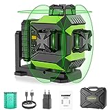 Huepar 3 x 360° Laser Level Green 3D Self-Leveling Cross 12 Lines Laser Level Three-Plane Leveling and Alignment Laser Tool, Rechargeable Li-ion Battery with Type-C Charging Port & Hard Carry Case