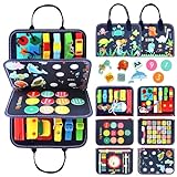 Qizfun Busy Board Montessori Toy for 1 2 3 4 Years Old, Educational Activity Sensory Board Preschool Learning Fine Motor Skills Toys, Toddler Travel Toy for Plane Car, Gift for Boys Girls