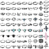 CASSIECA 82 Pcs Vintage Silver Knuckle Rings Set for Women Teen Girls Bohemian Stackable Joint Finger Rings Retro Stone Crystal Stacking Midi Rings Pack