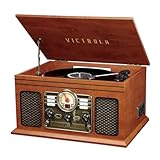 Victrola Classic 6-in-1 Entertainment Center – Bluetooth Record Player with 3-Speed Turntable, CD and Cassette Player and FM Radio, Mahogany (VTA-200B)