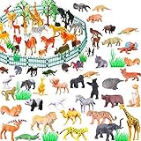 65 Pieces Animal Figures Toy Set - Plastic Educational Jungle Animal Toys for Boys Girls Kids Toddlers Farm Small Animals. Includes 44 Mini Animal Figures,16 Fences, 4 Grass and 1 Trees