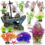 M PELOSA Fish Tank Accessories – 13 Faux Aquarium Plants and Resin Shipwreck – Colourful – Safe for Fish – Easy to Clean Fish Tank Decorations