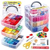 INSCRAFT 403 Pack Embroidery Kits for Adults, 250 Colours Embroidery Threads, Cross Stitch Kits for Beginners Bracelet and Craft Making, 153 Pcs Cross Stitch Tool, 4-Tier Transparent Craft Storage Box