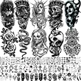 Shegazzi 62 Sheets Wolf Lion Skeleton Temporary Tattoos For Men Women Arm, 3D Realistic Tattoo Stickers For Adults Kids Neck, Black Scary Skull Halloween Vampire Fake Tatoos Snake Flower Compass